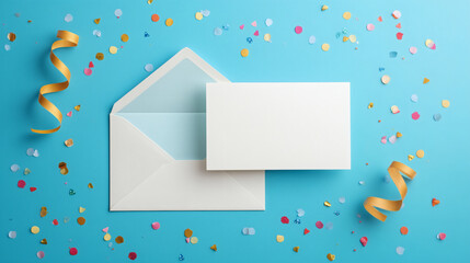 A blank, high-quality invitation card and an envelope are shown in a flat lay, surrounded by a few simple party decorations like confetti and a ribbon.