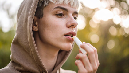 Persona joven aplica bálsamo labial al aire libre durante un atardecer con expresión serena y contemplativa