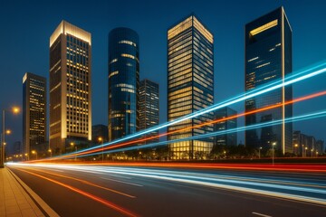 Obraz premium Modern city skyline with illuminated skyscrapers and light trails on street at night, depicting urban lifestyle and technology concept background.
