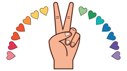 Peach toned hand making peace sign with rainbow hearts victory gesture