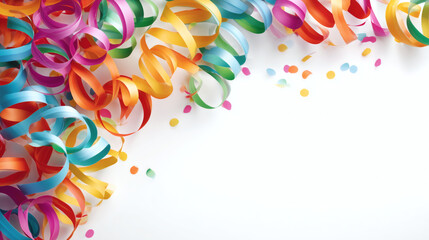 A cascade of colorful, festive paper streamers is shown pouring down from the top left corner of the frame, on a clean white background.