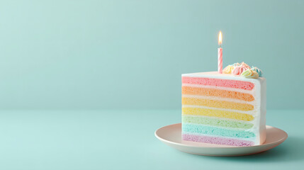 A single, beautiful slice of colorful birthday cake with one lit candle is placed in the corner of the frame, leaving lots of clean space for a message.