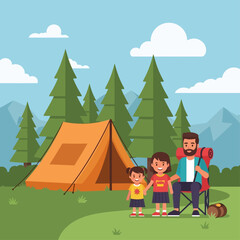 Naklejka premium A father and two daughters enjoying a camping trip in the outdoors.