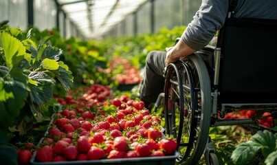 Farm strawberry picking in a glasshouse field by a disabled wheelchair-bound person, highlighting inclusivity in agricultural work, Generative AI