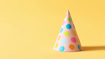 A single, colorful party hat with a simple pattern (like polka dots) is sitting on a clean, solid-colored background, a minimalist symbol of celebration.