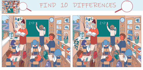 Find the differences game. Teacher teach children in class. Puzzle Hidden Items. Lesson in school classroom. Funny cartoon character. Sketch vector illustration