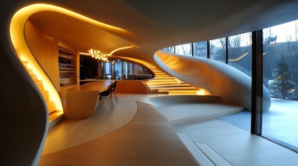 Modern interior design showcases a curved wooden staircase & ceiling with warm lighting and a minimalist aesthetic