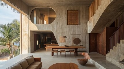 Interior view of a modern concrete and wood home with large windows and natural light