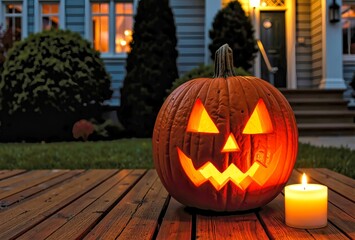 Carved Pumpkin with Candle on Porch at Night During Halloween