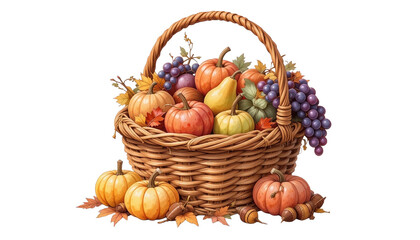 watercolor Wicker Basket with Autumn Harvest Fruits and Pumpkins &ndash; Transparent Background