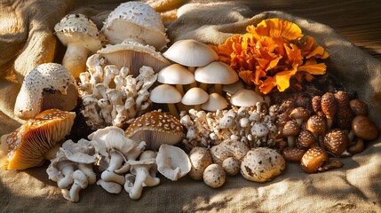 Collection of diverse fungi species including puffballs morels and oyster mushrooms growing in a forest clearing with the golden light of late afternoon casting long shadows