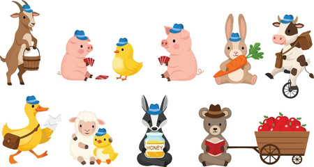 Obraz premium Cute cartoon animals wearing hats vector illustration for kids book or farm animal theme