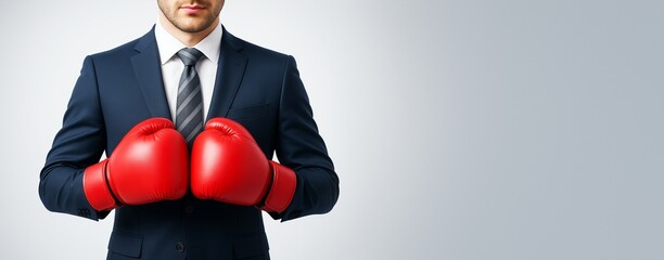 Businessman in suit wearing red boxing gloves standing against light background with copy space for concept of competition and corporate challenge.