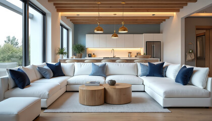 Spacious modern living room with comfortable white sectional sofa, accented by blue pillows. Features minimalist aesthetic with wooden ceiling beams, large windows offering natural light, sleek