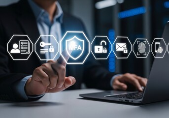 MFA, Multi-Factor Authentication Security Concept. Icons related to MFA, security locks, biometrics, and mobile verification, symbolizing cybersecurity, data protection, and secure login systems.
