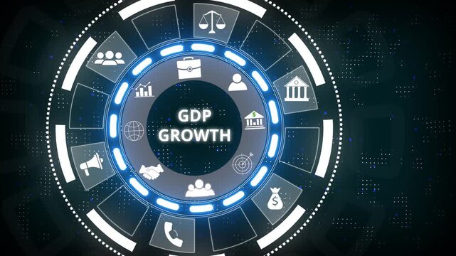 Glowing GDP Growth concept button on a futuristic .holographic advanced HUD circle platform Business, Technology, Internet and network concept Seamless loop technology on a black background