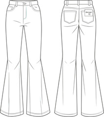 Flared denim jeans CAD technical flat sketch with front and back view, pocket detail, vector fashion illustration for garment design