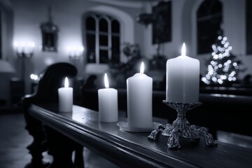 Candlelit church interior with christmas tree and soft lighting in monochrome