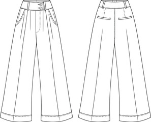 High waist wide leg trouser CAD flat sketch front and back view, vector fashion illustration for technical apparel design template