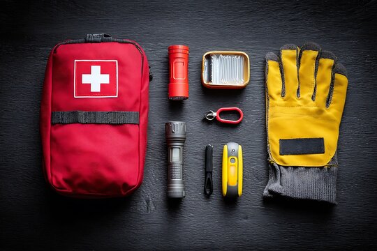 Emergency preparedness kit essentials arranged on black wood table, perfect for outdoor adventures or safety training scenarios, ready for any situation