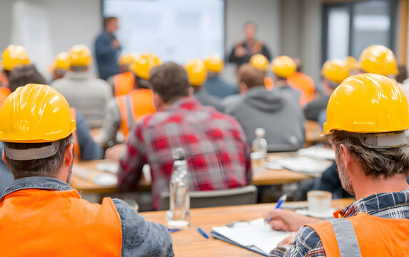 Construction workers attending a safety training course in a classroom
