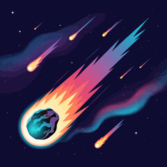 Colorful Meteors and Space Dust Streaks Across the Dark Cosmos in an Illustrated Design