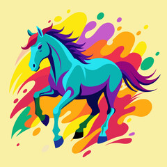 A galloping horse in splash art style, with bright color drips and abstract background