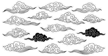 Chinese cloud vector elements set. Linear clip art oriental Japanese, Thai, Tibetan, Korean style clouds. Editable stroke. Vector illustration