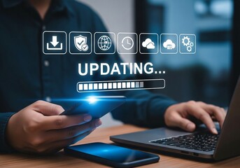 Software update or operating system, update software application upgrade technology concept. updating progress bar, installing app patch, new version loading, program downloading, improved security,