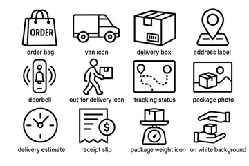 Fototapeta premium Delivery icons set with order bag, van, box, and tracking symbols