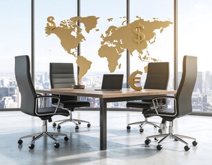 Modern conference room with a world map and currency symbols projected onto a window overlooking a cityscape