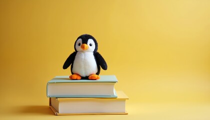 Cute plush penguin toy sits atop stacked books against vibrant yellow background. Arrangement suggests playful, cheerful atmosphere, suitable for children decor, educational themes, early learning