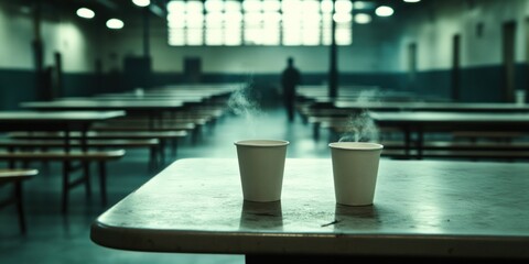 Solitary Contemplation: Two Steaming Cups in a Prison Cafeteria