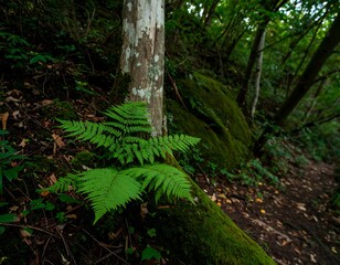 Obraz premium Lush fern at the base of a tree trunk in a dense forest