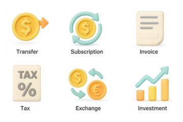 3d finance icons: transfer, subscription, invoice, tax, exchange, inve