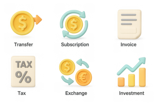 3d finance icons: transfer, subscription, invoice, tax, exchange, inve
