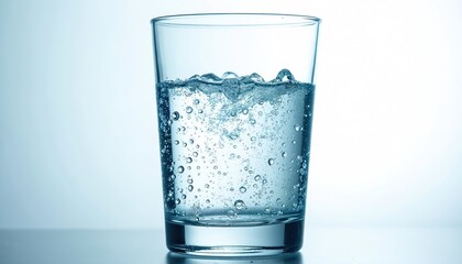 Glass of cold mineral water with effervescent bubbles. Pure, clean liquid with ice cubes. Healthy beverage, fresh drink for hydration. Medicine, aspirin tablet dissolve.