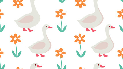 Seamless pattern of white geese and orange flowers on white background goose bird