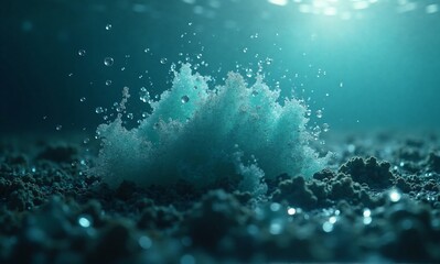 Fototapeta premium The image shows the underwater world. A cloud of light blue substance erupts, creating dynamic textures. The environment is dark, with hints of light penetrating the water. Hints of the bottom of the 
