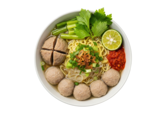 Steaming Indonesian Bakso soup with beef meatballs, noodles, celery, lime, and chili sambal, on a transparent isolated studio background, concept for commercial food photography