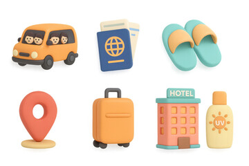 3d travel icons: family vacation, passport, and hotel essentials