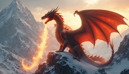 Majestic fantasy dragon breathes fire atop snow-covered mountain peak. Mythical creature with large wings, scales poses powerfully against dramatic sky, embodying ancient legend, raw magic. Fiery