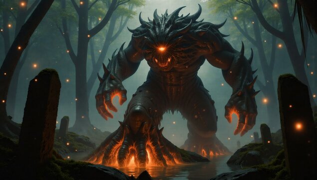 Imposing dark fantasy creature with glowing eyes in a mystical, eerie forest.