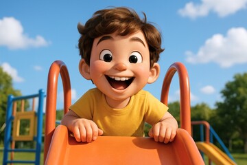 すべり台のてっぺんで笑顔を見せる元気な子ども