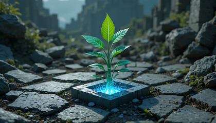 Futuristic Plant Growing from Glowing Soil in Rocky Terrain