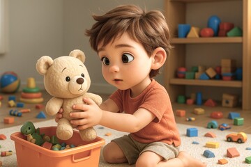 室内でぬいぐるみと遊ぶ男の子の3Dイラスト。カラフルなおもちゃに囲まれた柔らかい空間