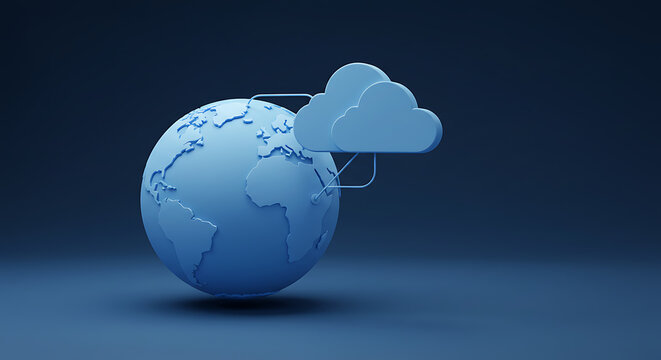 A blue globe connected by lines to two stylized cloud icons, symbolizing global data transfer. - Powered by Adobe