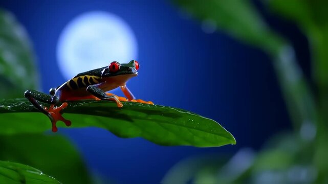 Exotic Red-Eyed Tree Frog Sits Motionless on a Lush Leaf in the Moonlit Jungle