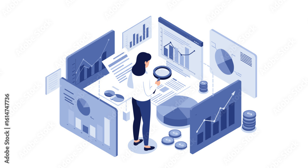 Poster analyzing business data with charts and graphs in isometric design