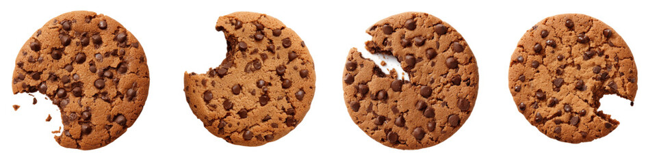 Chocolate Chip Cookie: A tempting progression showcases the irresistible allure of a chocolate chip cookie. From a whole, unblemished circle to a tantalizing, half-eaten piece.